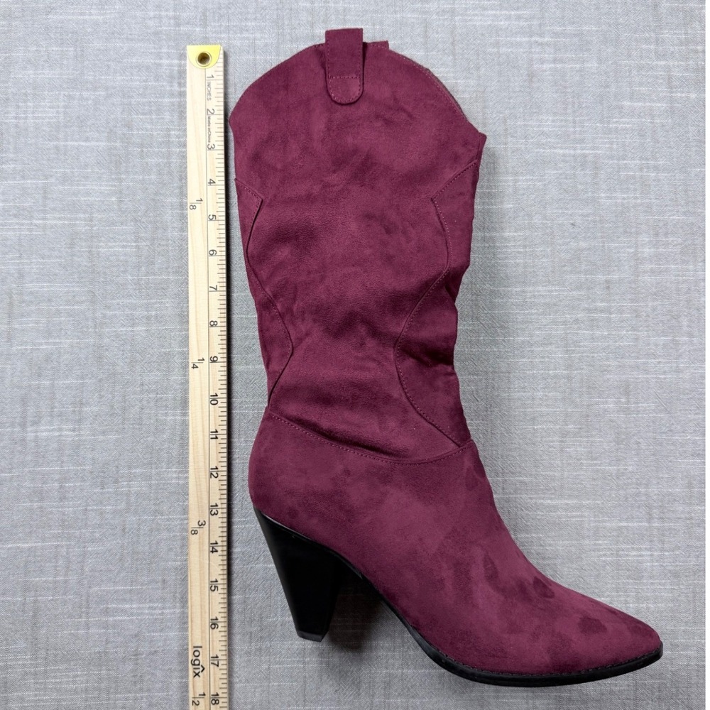 Burgundy Faux Suede Western Mid Calf Boots Pointed Toe Cone Heel Womens 9.5 - Picture 7 of 8